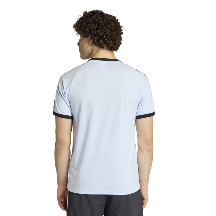 Light blue men's 3-stripe t-shirt with black collar trim and plain back