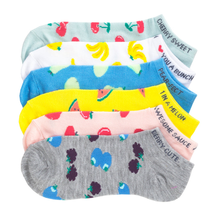 Pack of no-show socks, multi-color fruit graphic patterns with playful text