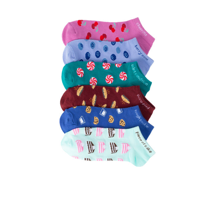 6-pack no-show socks with colorful dessert prints in pink, blue, teal, and burgundy