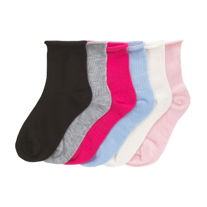 Six-pack quarter socks with ribbed roll tops in dark, gray, pink, blue, white, pale pink