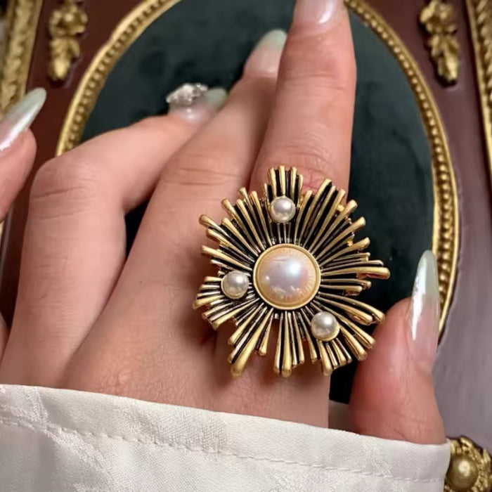 Adjustable Large Sun Finger Ring Antique Gold Women Cocktail Jewelry with Pearls