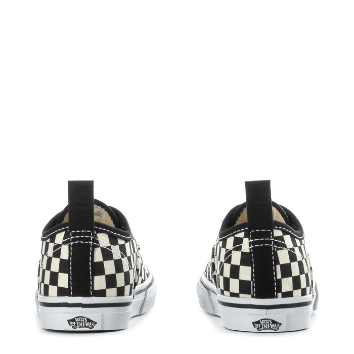 Toddler low-top sneakers with black and white checkerboard print, rear view
