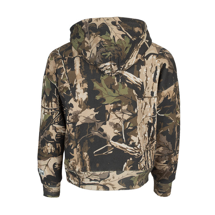Youth camo pullover hoodie with hood, front pouch, and centered 'CLUB' label