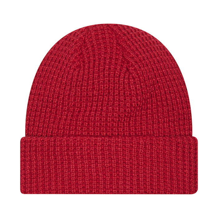 Red knit waffle beanie, ribbed cuff and textured knit