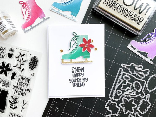 Catherine Pooler - Stamp & Die Set - Let's Go Skating. Get ready for some Winter fun this month! The Let's Go Skating Stamp Set is ready for fun with it's cute sentiments. Available at Embellish Away located in Bowmanville Ontario Canada. Example by Catherine Pooler.
