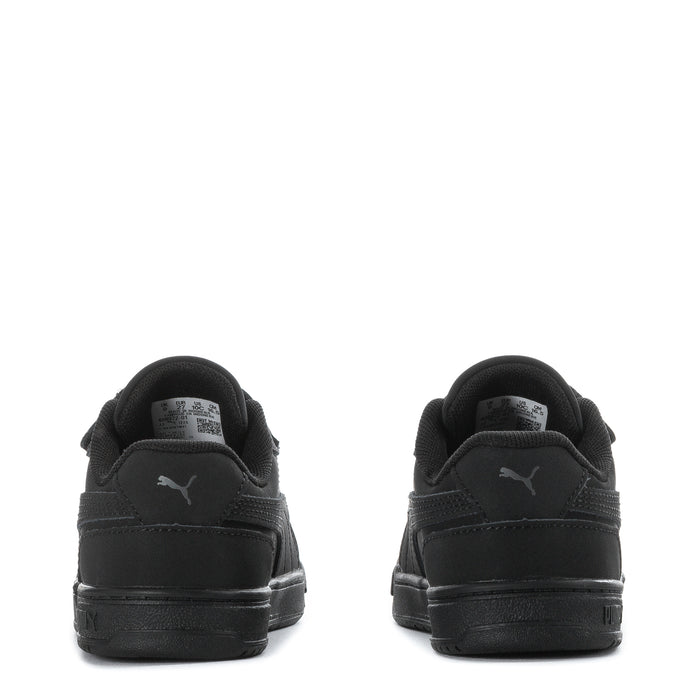 Black toddler sneakers with heel pull tabs and PUMA logo, back view.