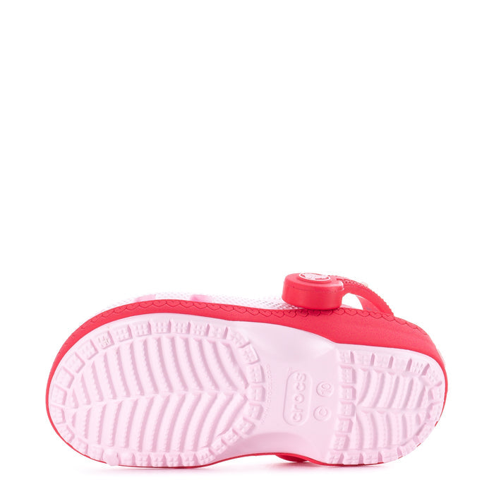 Toddler clog outsole bottom view with pink tread and white platform