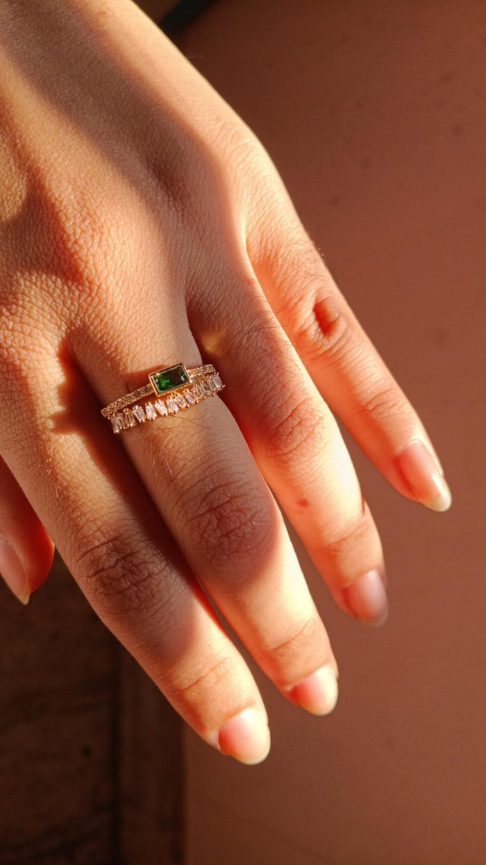Dainty Golden Double Layer Green Stone Zircon Adjustable Finger Ring for Women