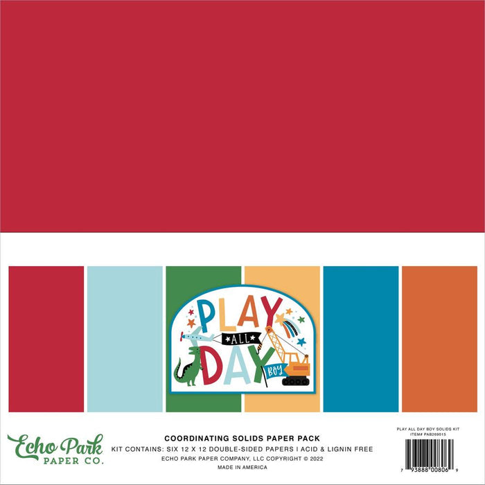 Echo Park - Double-Sided Solid Cardstock 12"X12" - 6/Pkg - Play All Day Boy - 6 Colors. Available at Embellish Away located in Bowmanville Ontario Canada.