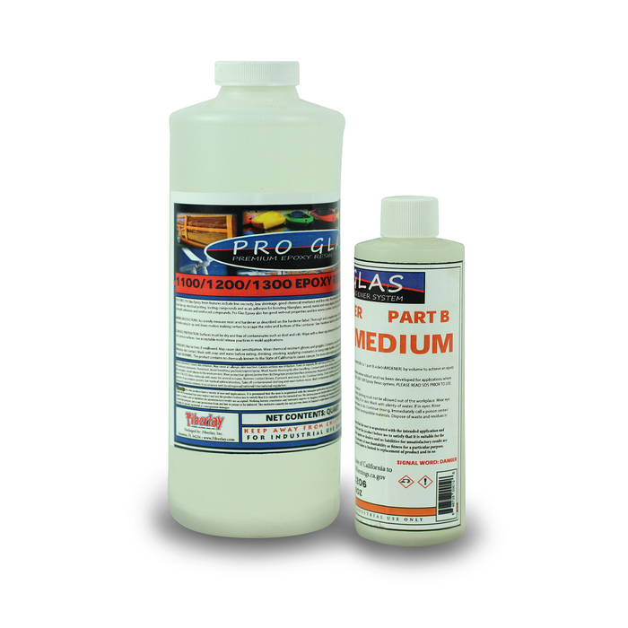 1.25 quart kit of 4:1 epoxy resin. Quart Part A next to 8 ounces of Part B medium hardener.