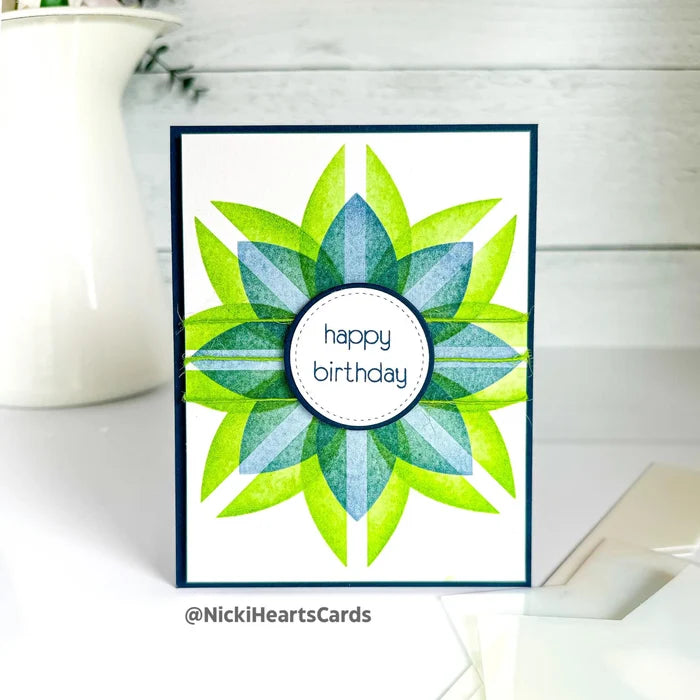 Gina K. Designs - Tool - Pointed Oval Stencil Builder. Gina K. Designs Art Screens can be used with ink, sprays, pastes, and gels to create beautiful backgrounds and images. Available at Embellish Away located in Bowmanville Ontario Canada. Example by Nicki at Hearts Cards.