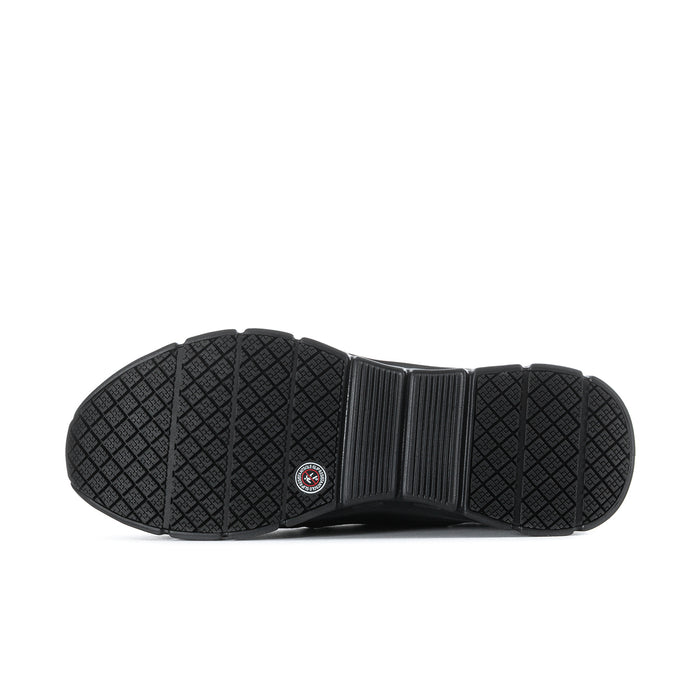 Men's black slip-resistant sneakers, outsole tread detail