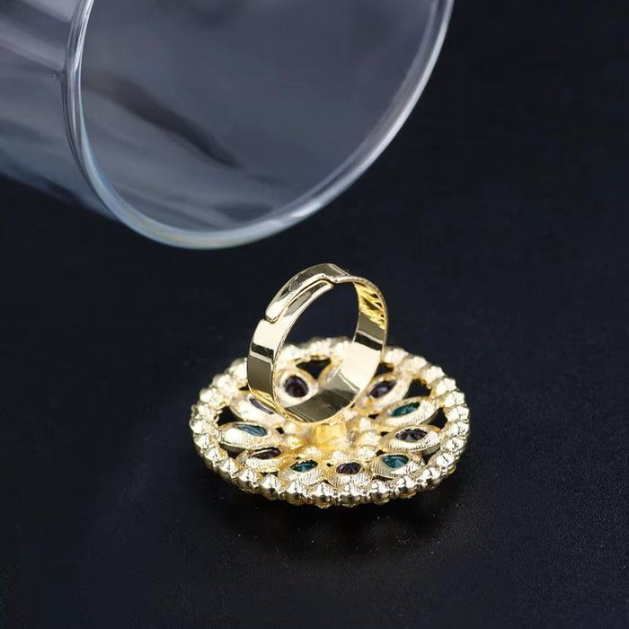 Gold Plated Clear Crystal Adjustable Big Finger Ring Traditional Women Fashion Jewelry