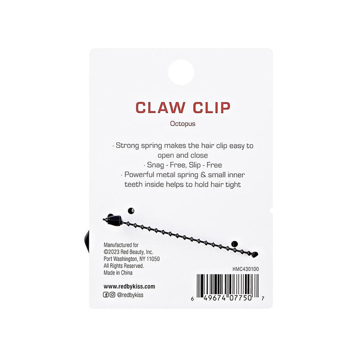 RED BEAUTY by KISS packaged octopus hair claw clip on white backing card showing product features and barcode