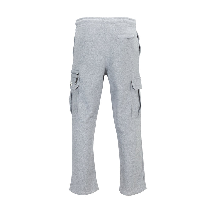 Heather grey cargo sweatpants with open cuffs and two side cargo pockets