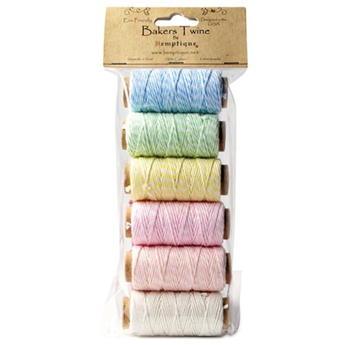HEMPTIQUE-Baker's Twine 2 Ply Mini Spool Bag Set. It is an excellent choice for gift wrapping, scrapbooking, card making, and more! It is an Eco-friendly option that delivers an attractive, vintage art-deco appeal to any product. This package contains six mini spools in different colors(20 yards). Design: Creamy Pastels. Imported. Available at Embellish Away located in Bowmanville Ontario Canada.