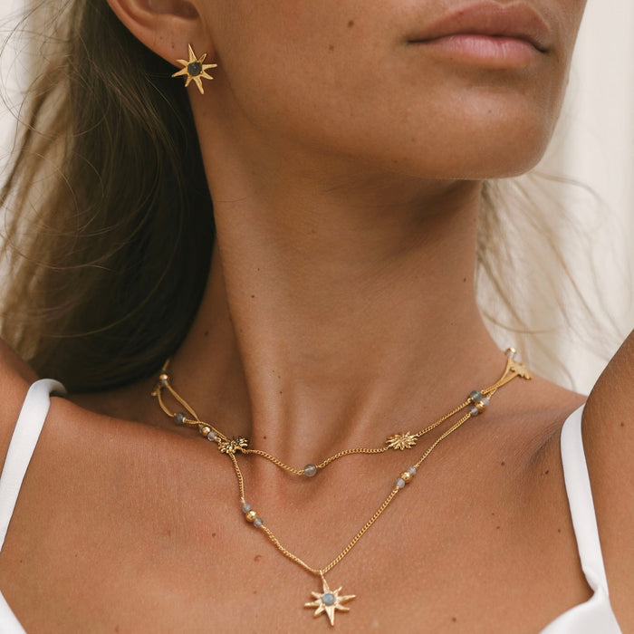 Luna & Rose x Tahnee Kelland ‘I Told You About the Stars’ gold earrings, matching star design with labradorite accents, handmade in Bali matching set in Gold