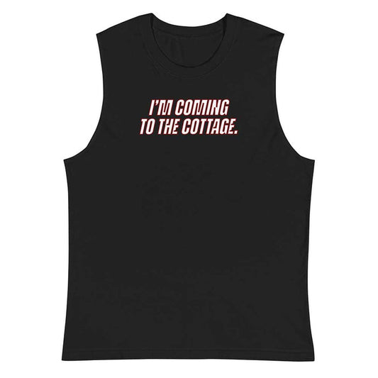 Black sleeveless shirt with red text on a white background
