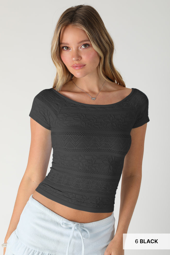 Jillian Seamless Boat Neck Short Sleeve Top - Black (Made in USA)