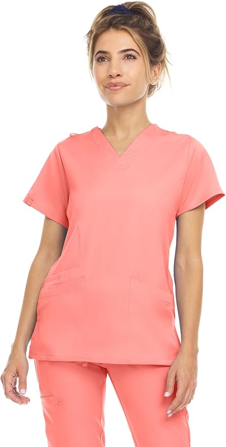Medichic Eleanor V-Neck Top with Leah Elastic Waist Cargo Jogger Pants Scrub Set - Coral
