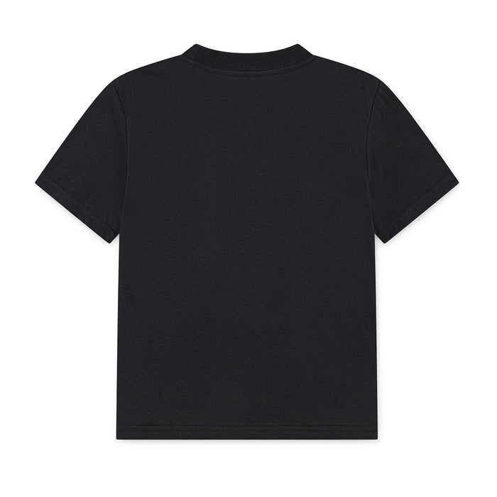 Plain youth black T-shirt with crew neck and short sleeves (back view)