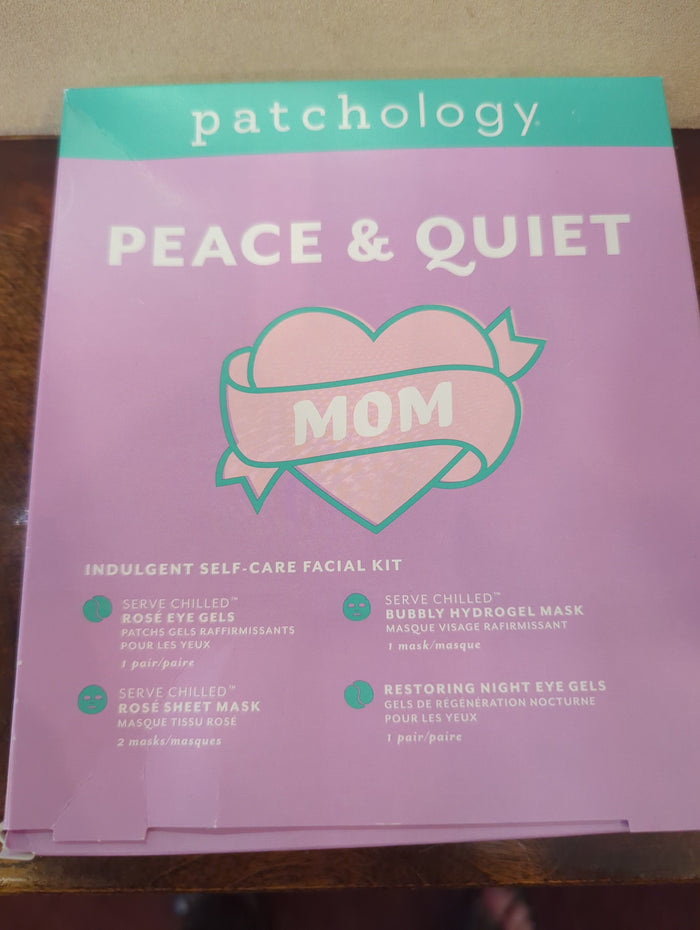Patchology Peace & Quiet Kit with face masks, featuring soothing skincare products for relaxation and skin rejuvenation.