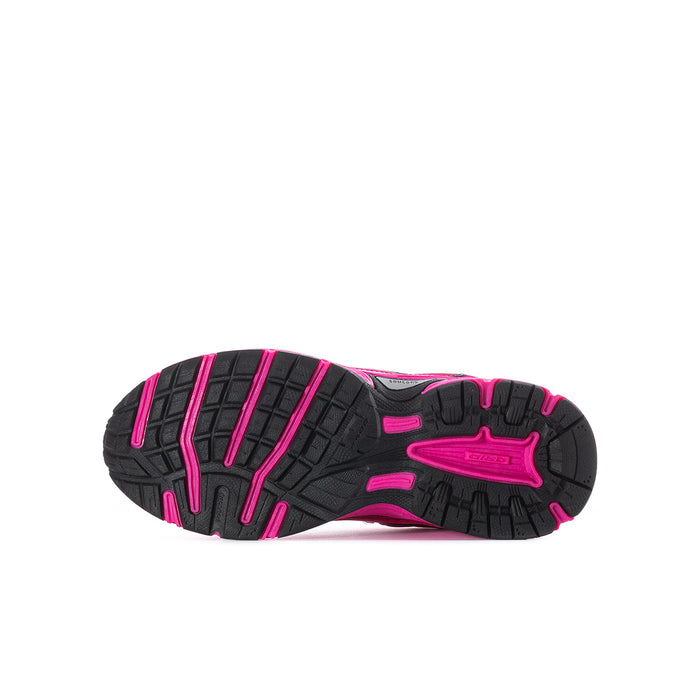 Youth pink and black running shoe outsole, tread pattern visible