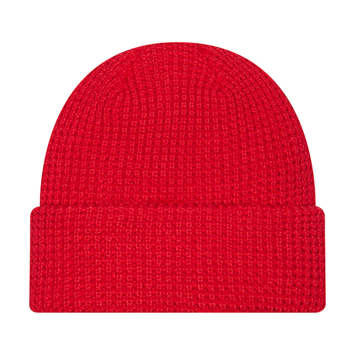 Red knit waffle beanie, folded cuff, no visible logo