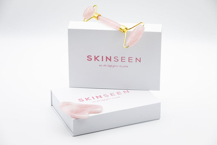 ROSE QUARTZ SET - Set Masaj Facial Roller Si Piatra Gua Sha Din Quartz - skinseen.ro