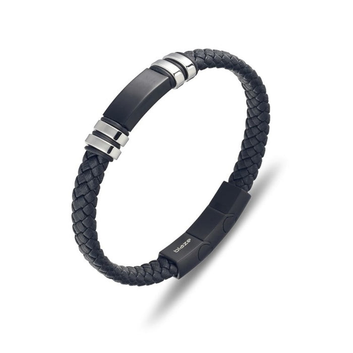 Stainless steel men's black leather bangle with steel details