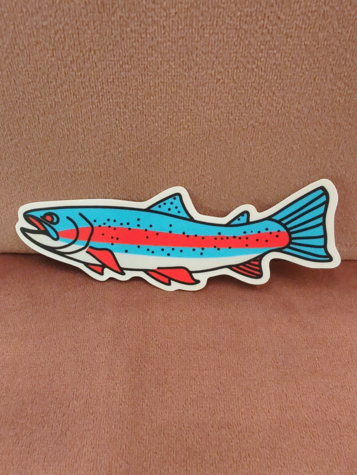 Colorful rainbow trout sticker from Field Guide Designs, featuring vibrant aquatic fish with detailed fins and scales.