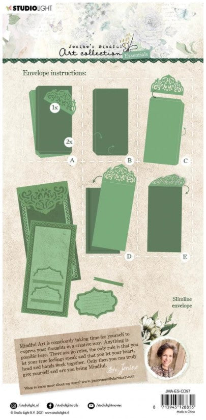 Studio Light - Jenine's Mindful Art Collection - Die Slimline - Envelope Essentials - NR.97. Create your own slimline envelope with this die. It is perfect for adding notes to your cards, scrapbook layouts or journal pages. This die will give you the perfect shape, and scored edges for folding so you get the perfect envelope shape every time. Size: 4.7 x 8.9 inches. Available at Embellish Away located in Bowmanville Ontario Canada.