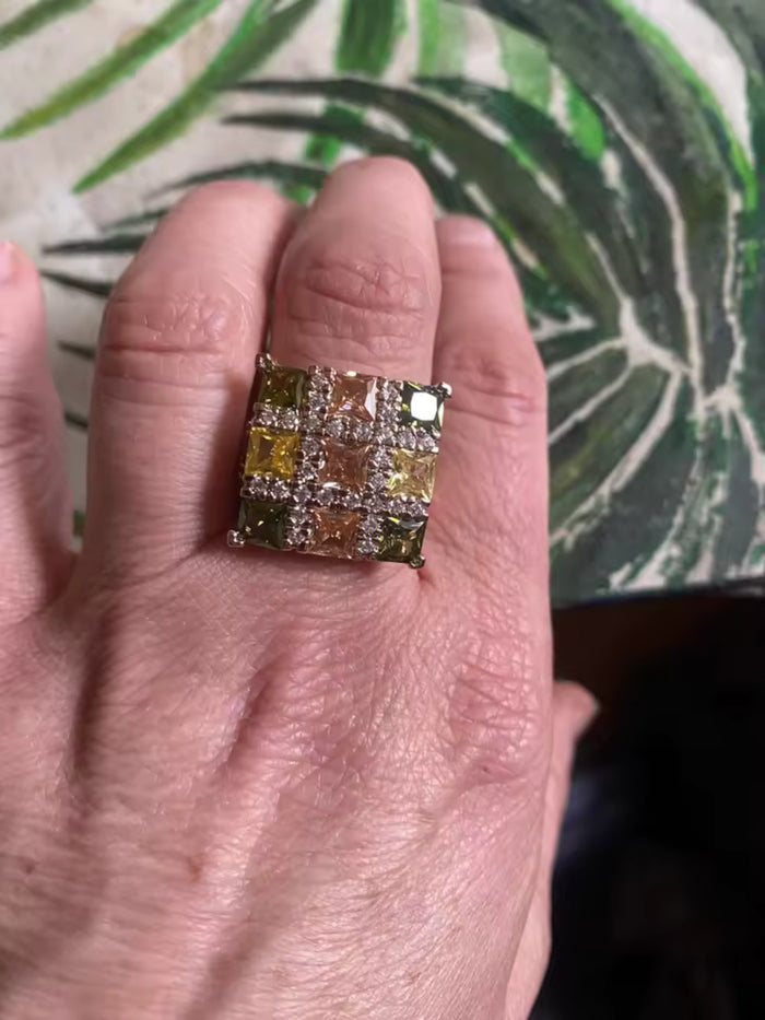 Stunning Square Pave CZ Crystal Chunky Large Statement Women Finger Ring Size 7