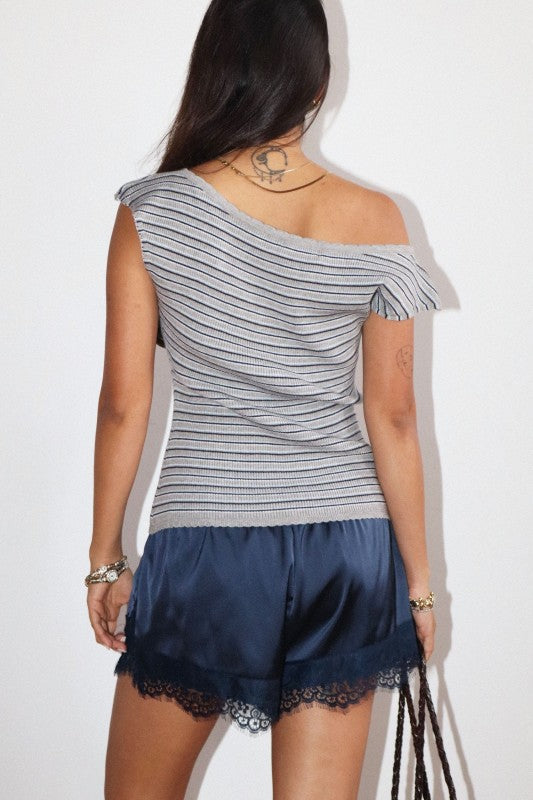 The Cove Stripe Off-Shoulder Top -Heather Grey Blue