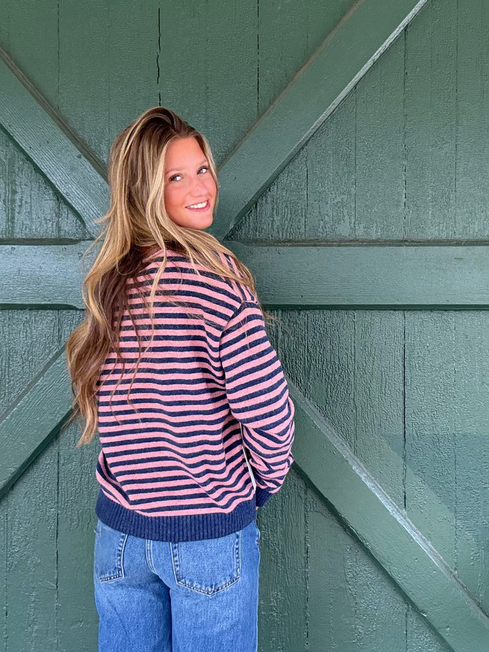 The It Girl Stripe Zip Sweater Hoodie -Denim/Pink
