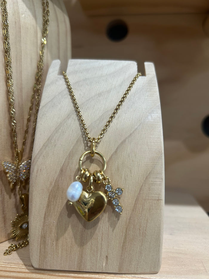 Timeless Trio Charm Necklace – Heart, Pearl and Cross Charm Necklace 16 Inch – Water Resistant Stainless Steel
