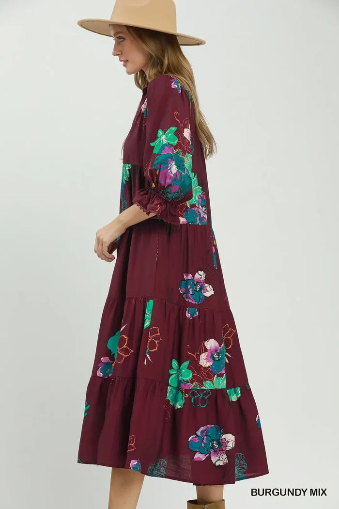 Umgee Floral Tiered Midi Dress