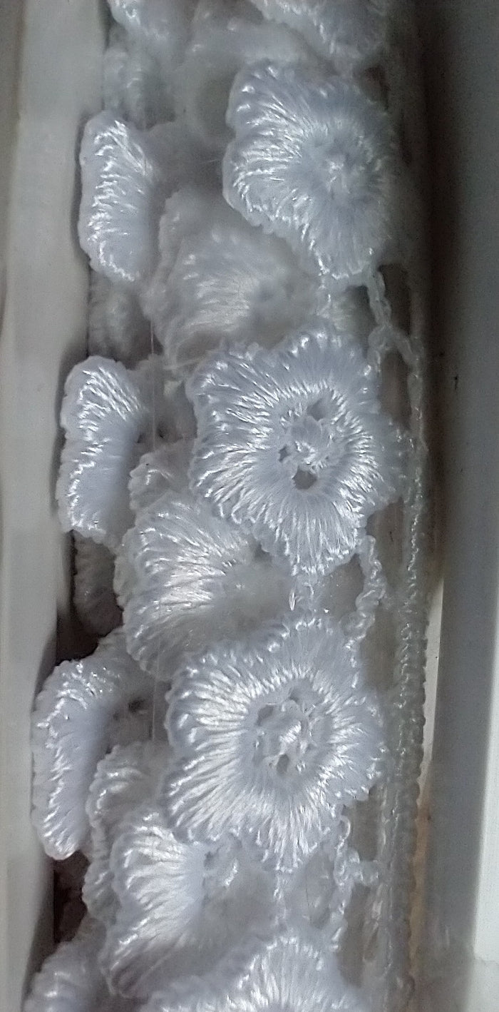 Venice Lace - Trim - Daisy - White. This item sells in 12 inch segments. Example, If you request 18 inches it will come all as one piece so you can trim/cut to your preferred length. Available at Embellish Away located in Bowmanville Ontario Canada.
