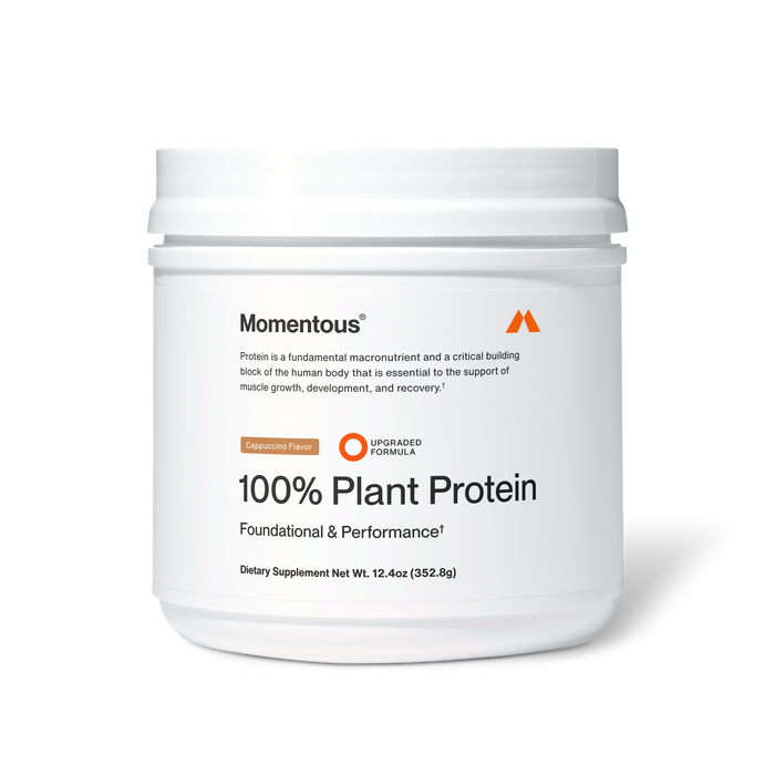 White container of Momentous 100% Plant Protein powder in Cappuccino flavor, 12.4oz size.
