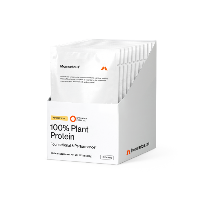 White box of 10 Momentous 100% Plant Protein travel packets in vanilla flavor with orange logo.
