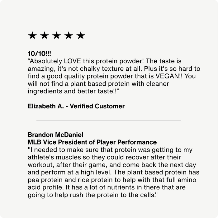 positive review about Plant protein powder by Elizabeth A - verified customer and quote from Brandon McDaniel about protein.