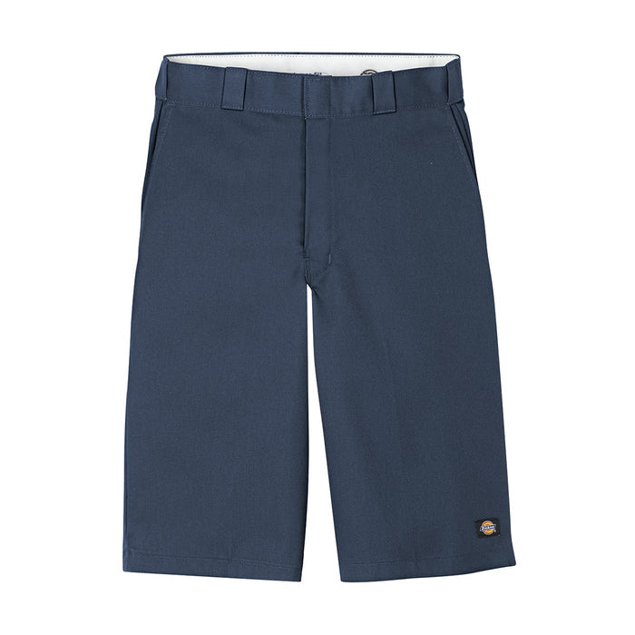 Men's dark navy loose-fit shorts with belt loops, pleats, and side pockets