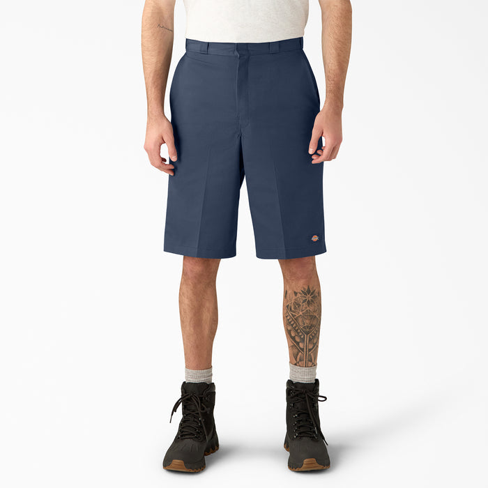 Men's dark navy loose-fit shorts, above-knee length, belt loops and side pockets