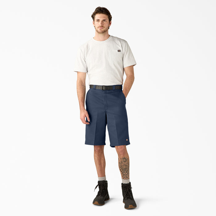 Men's dark navy loose-fit shorts, above-knee length, belt loops and button closure