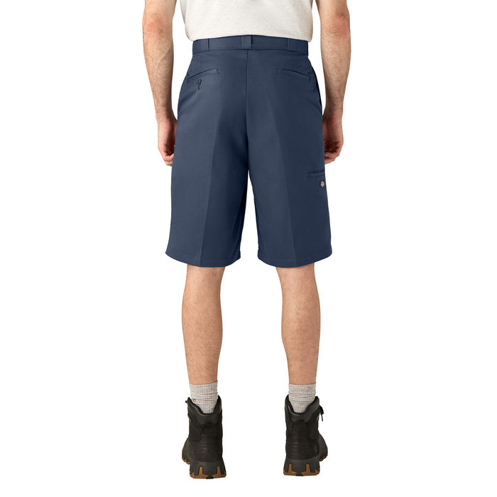 Men's dark navy loose-fit shorts, back view, above-knee length, belt loops