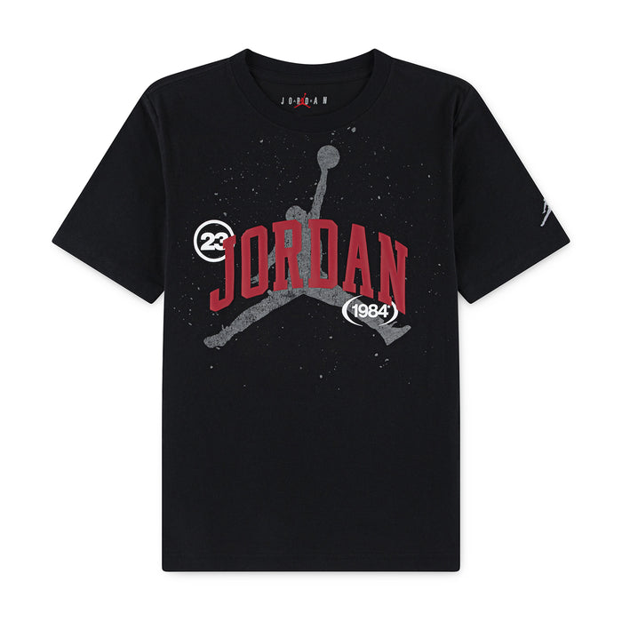 Youth black graphic T-shirt with red Jordan and 1984 logo on front