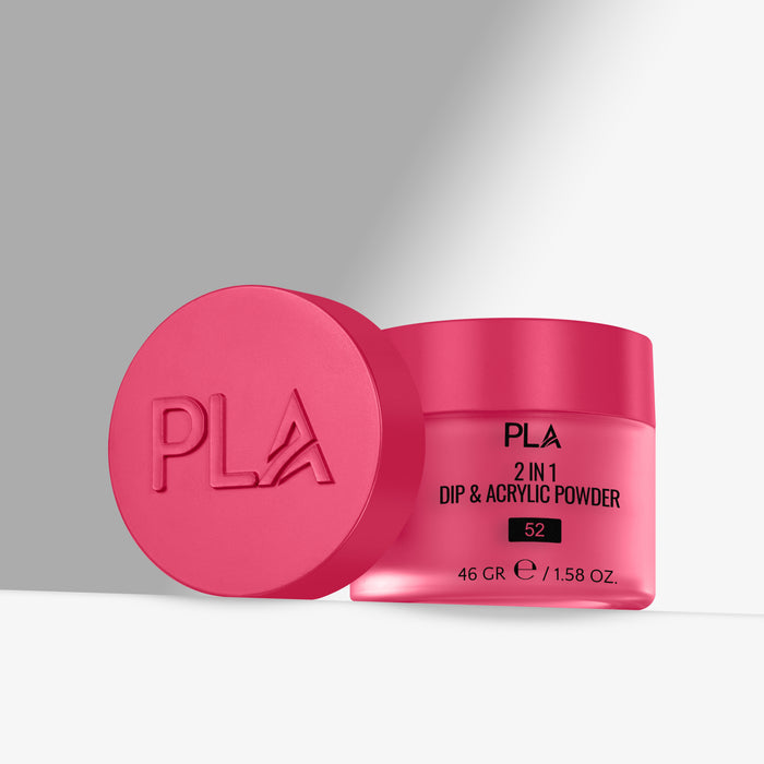 Pink jar of PLA 2 in 1 Dip & Acrylic Powder with lid on a gray background
