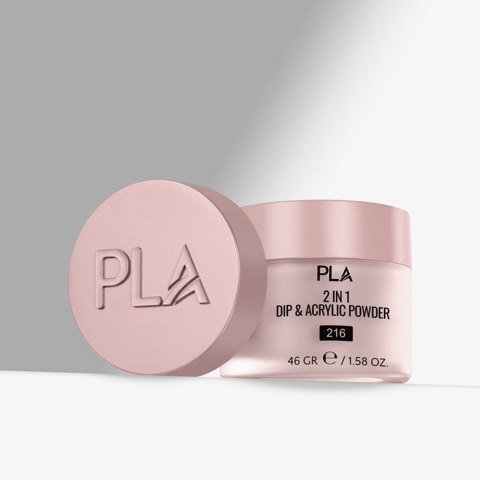 Pink jar of PLA 2 in 1 Dip & Acrylic Powder on a gray background