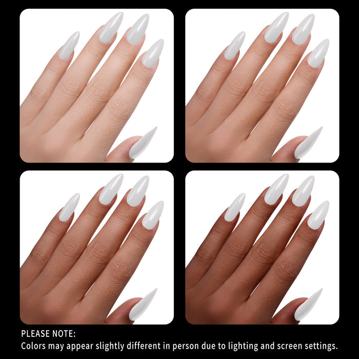 Four views of hands with white nail polish on a white background