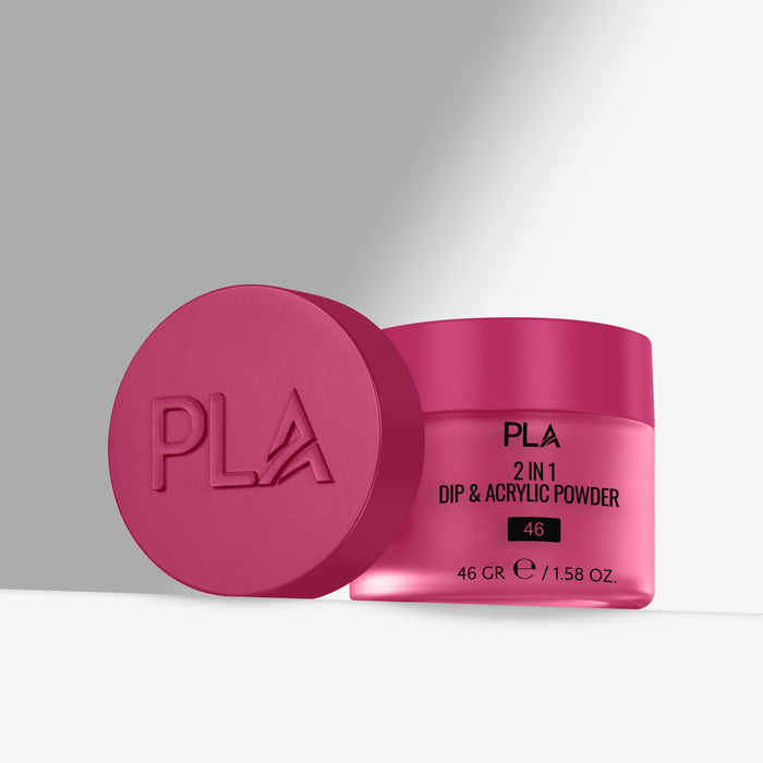 Pink container of PLA 2 in 1 Dip & Acrylic Powder with lid on a gray background
